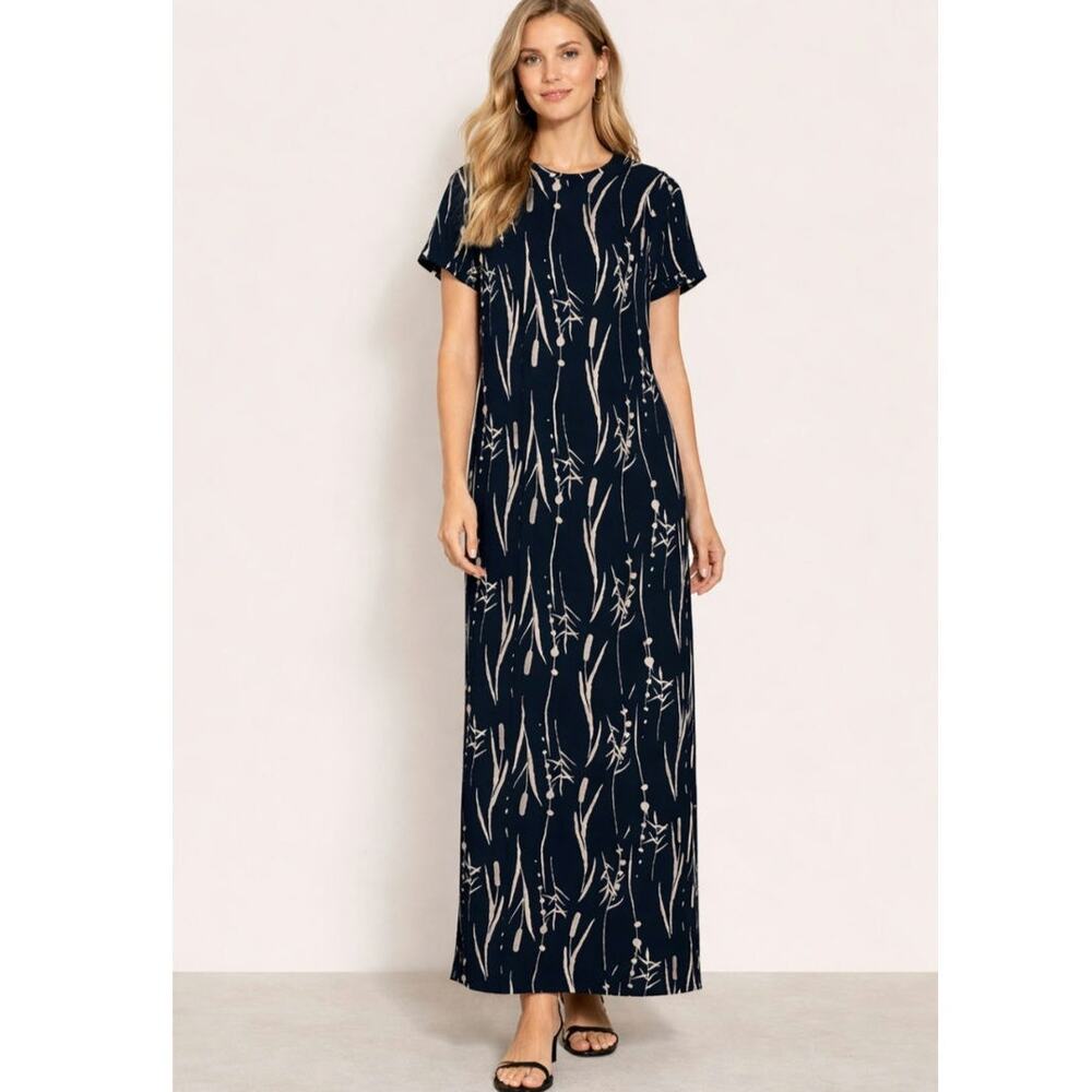 Vintage Liz Claiborne 100% Silk Maxi Dress Womens Size 14 Black Floral Slit Boho